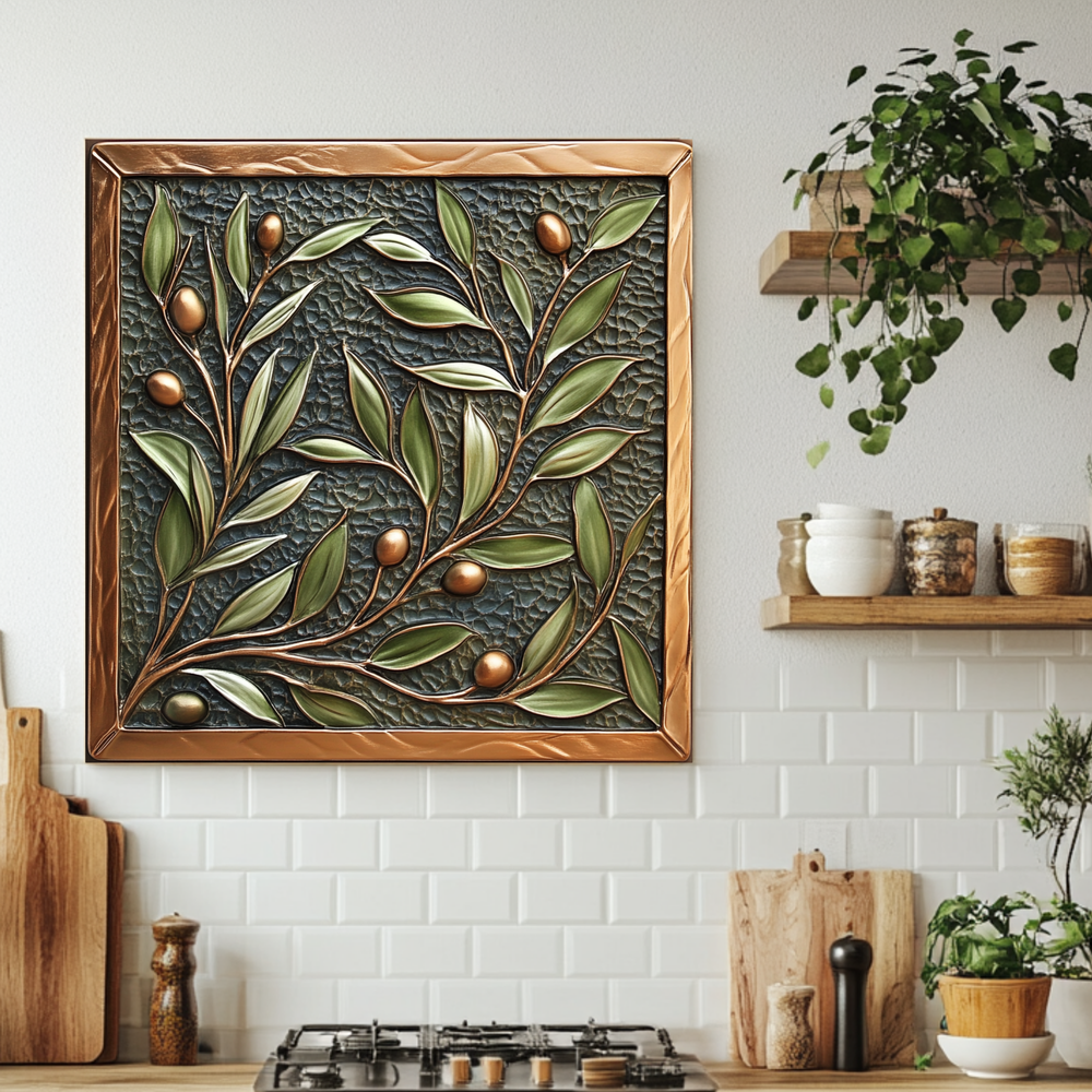 Copper Look Olive Branches One Piece Tempered Glass Kitchen Splashback For Stove Behind, Kitchen Backsplash, Wall Art