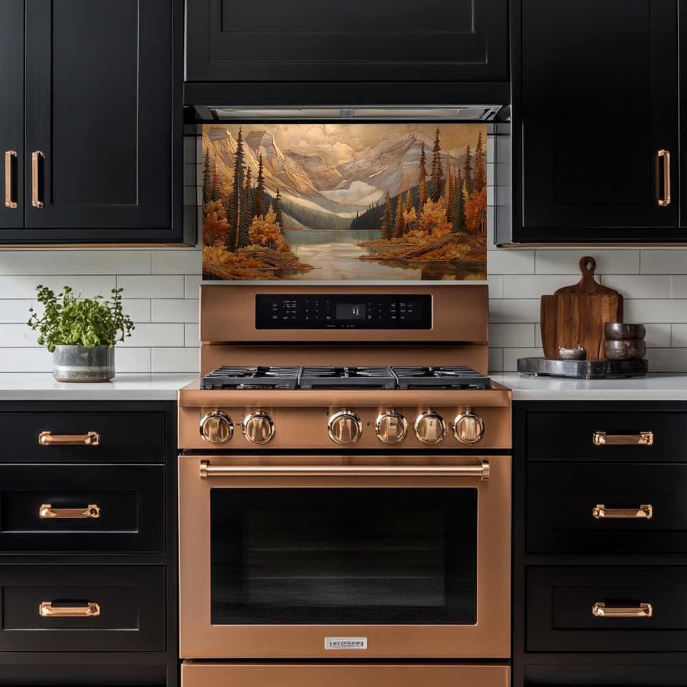 Handmade in USA Pine Tree and Mountain Glass Backsplash, Tempered Glass Splashback and Stove Behind Top Cover, Kitchen Sink Cover
