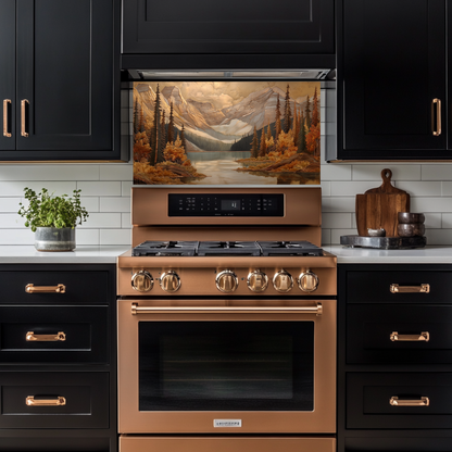 Handmade in USA Pine Tree and Mountain Glass Backsplash, Tempered Glass Splashback and Stove Behind Top Cover, Kitchen Sink Cover