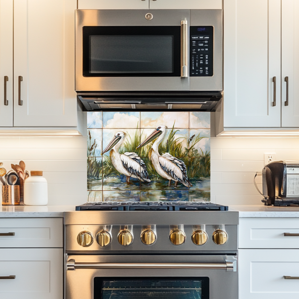 Two Pelican Prints One Piece Tempered Glass Kitchen Splashback For Stove Behind, Kitchen Backsplash, Wall Art