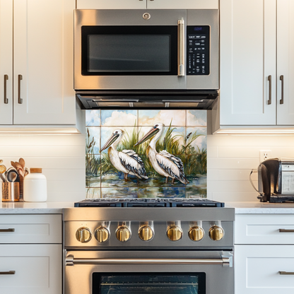 Two Pelican Prints One Piece Tempered Glass Kitchen Splashback For Stove Behind, Kitchen Backsplash, Wall Art