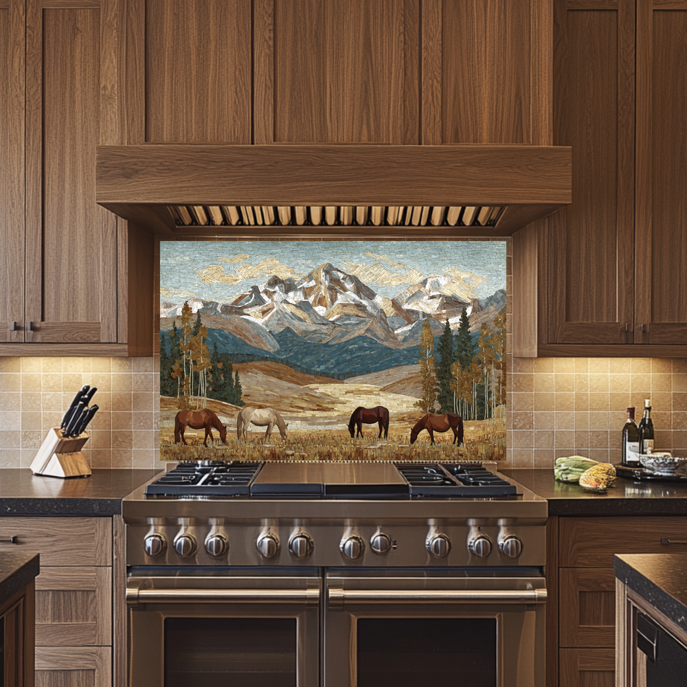 Nature and Horses Mosaic Glass Backsplash • Rustic Kitchen Panel • Artistic Equestrian Wall Art • Scenic Animal Design