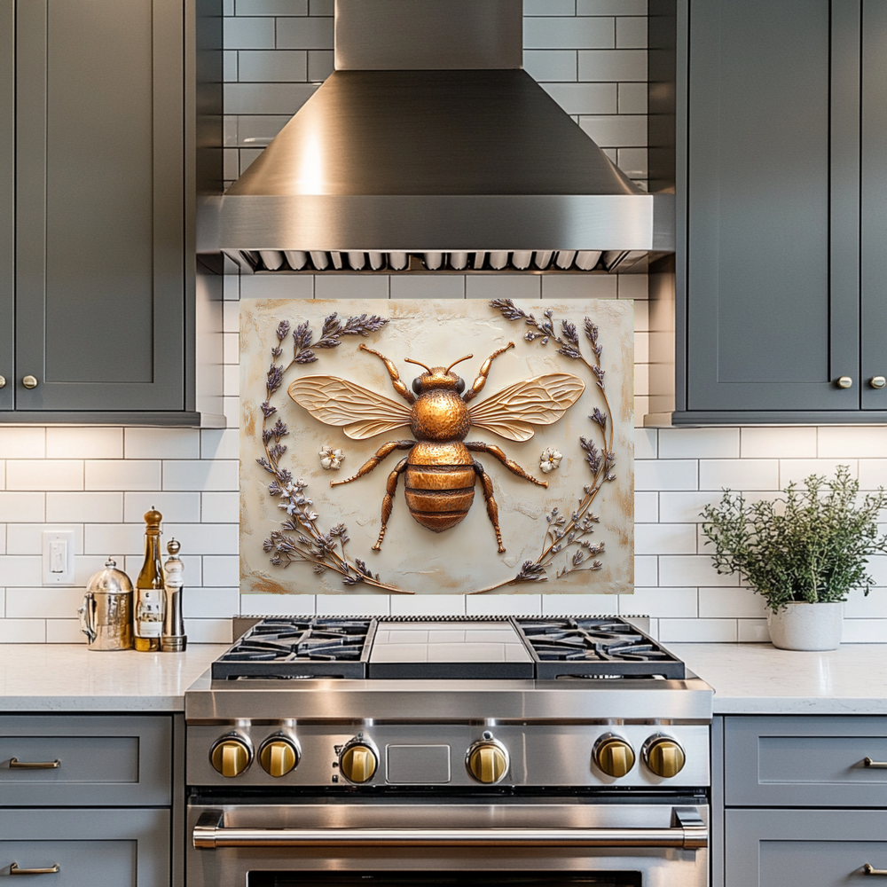 One Piece Tempered Glass Kitchen Splashback For Stove Behind, Copper Bee Look Backsplash