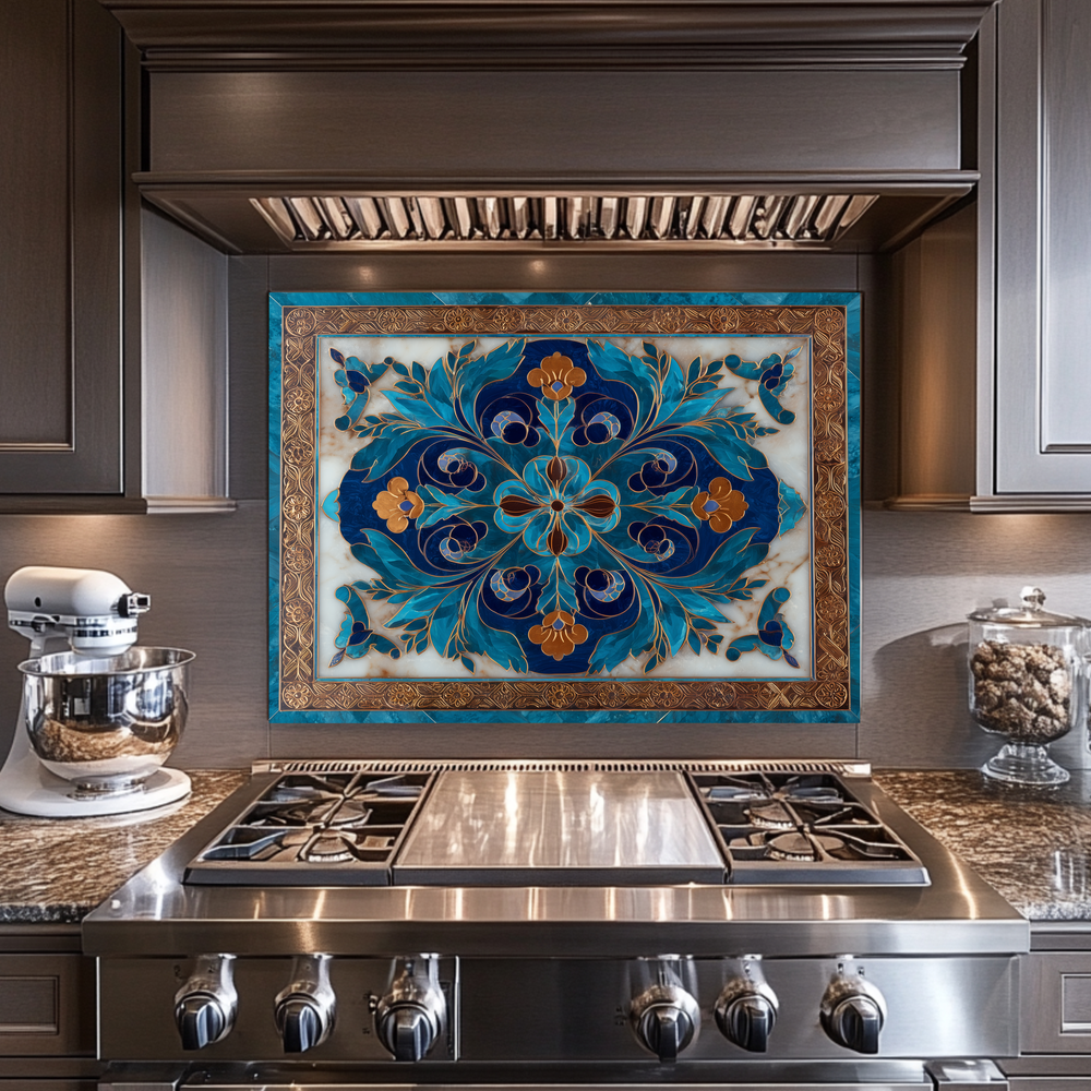 Blue Traditional Glass Backsplash Panel for Kitchen, Tempered Glass Wall Art, Classic Tile Pattern Decor