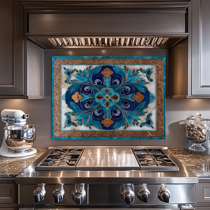 Blue Traditional Glass Backsplash Panel for Kitchen, Tempered Glass Wall Art, Classic Tile Pattern Decor