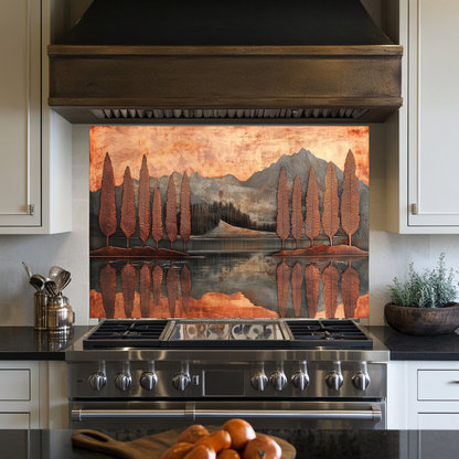 Copper Look Nature Landscape Glass Backsplash • Rustic Wall Art Panel • Mountain River Home Decor • Earthy Decorative Piece