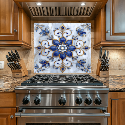 Blue Pattern Marble Look One Piece Tempered Glass Kitchen Splashback For Stove Behind, Kitchen Backsplash, Kitchen Backsplash, Wall Art