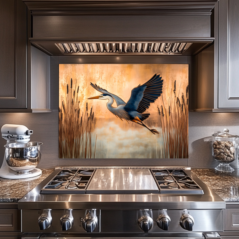 Copper Blue Heron Glass Backsplash Panel, Nature Inspired Kitchen Wall Art, Bird Theme Decorative Glass Tile, Rustic Coastal Home Decor