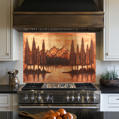 Copper Tone Mountain & Glass Tree Landscape Printed Tempered Glass Kitchen Backsplash Splashback or Wall Art Panel
