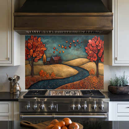 Romantic House Landscape with Hearts Printed Tempered Glass Kitchen Backsplash Splashback or Wall Art Panel for Cozy Home Decor