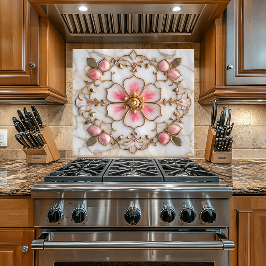Pink&Gold Pattern Marble Look One Piece Tempered Glass Kitchen Splashback For Stove Behind, Kitchen Backsplash, Kitchen Backsplash, Wall Art