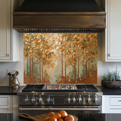 Forest Nature Artwork in Copper Tones Printed Tempered Glass Kitchen Splashback Backsplash Wall Panel for Modern Rustic Decor