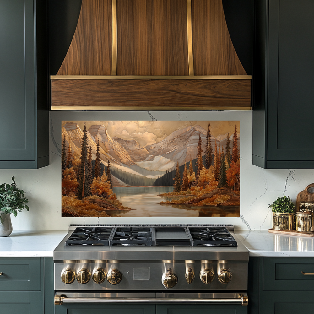 Handmade in USA Pine Tree and Mountain Glass Backsplash, Tempered Glass Splashback and Stove Behind Top Cover, Kitchen Sink Cover