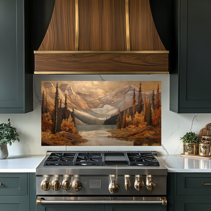 Handmade in USA Pine Tree and Mountain Glass Backsplash, Tempered Glass Splashback and Stove Behind Top Cover, Kitchen Sink Cover