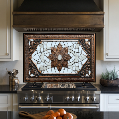 Copper Ottoman Tile Pattern Printed Tempered Glass Kitchen Splashback Backsplash Decorative Wall Panel for Stove Behind and Interior Decor
