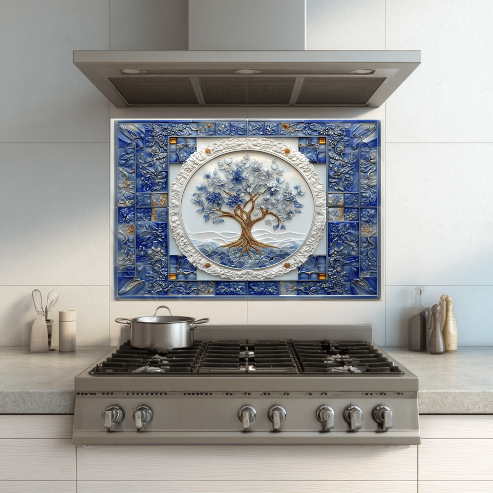 Tree of Life Relief Effected Look One Piece Tempered Glass Kitchen Splashback For Stove Behind, Kitchen Backsplash, Kitchen Backsplash, Wall Art