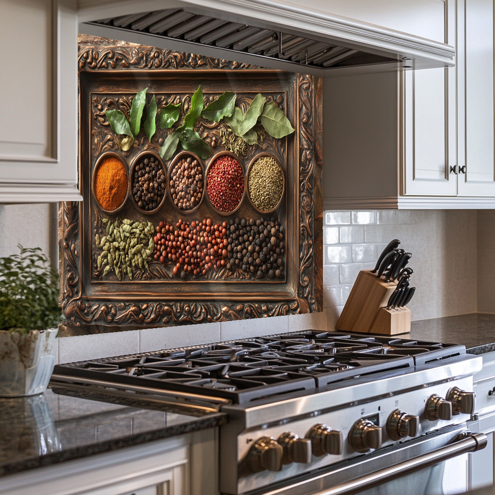 Copper Look Spice Bowls Print One Piece Tempered Glass Kitchen Splashback For Stove Behind, Kitchen Backsplash, Wall Art