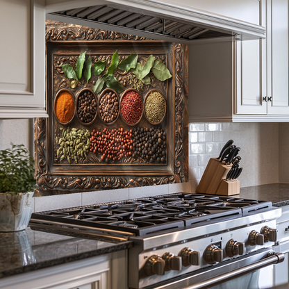 Copper Look Spice Bowls Print One Piece Tempered Glass Kitchen Splashback For Stove Behind, Kitchen Backsplash, Wall Art
