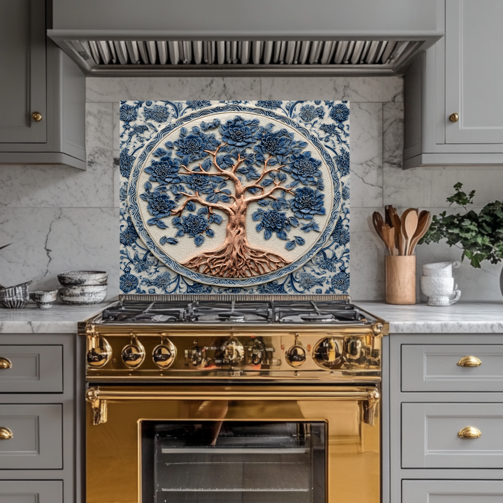 Delft Blue Tree of Life Kitchen Glass Backsplash • Stove Behind Cover • Nature Inspired Kitchen Splashback Panel • Colorful Home Decor