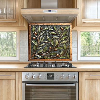 Copper Look Olive Branches One Piece Tempered Glass Kitchen Splashback For Stove Behind, Kitchen Backsplash, Wall Art