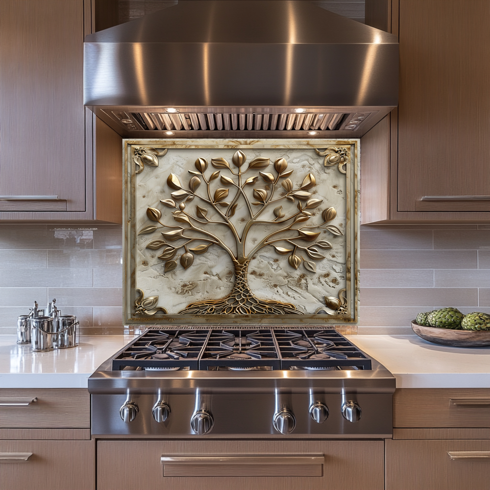 Stone Background Look Golden Tree of Life One Piece Tempered Glass Kitchen Splashback For Stove Behind, Kitchen Backsplash, Kitchen Backsplash, Wall Art
