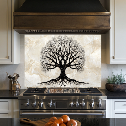 Marble Tree of Life Design Printed Tempered Glass Kitchen Backsplash Splashback Decorative Wall Art Panel for Modern Home Interiors