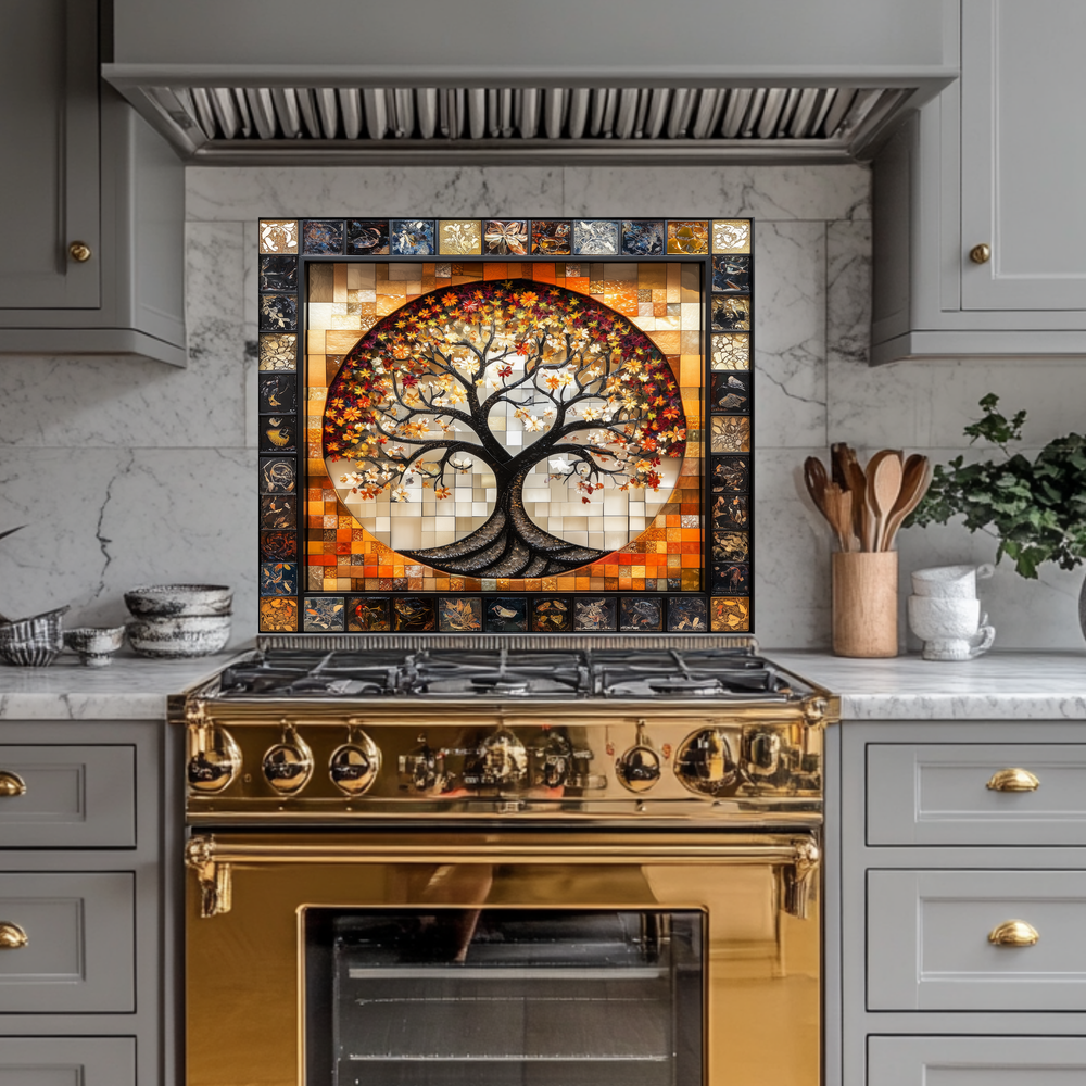 Stunning Life of Tree Mosaic Look One Piece Tempered Glass Kitchen Backsplash for Stove Behind, Kitchen Splashback, Glass Wall Art