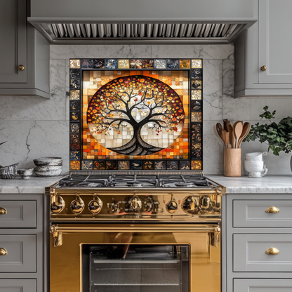 Stunning Life of Tree Mosaic Look One Piece Tempered Glass Kitchen Backsplash for Stove Behind, Kitchen Splashback, Glass Wall Art