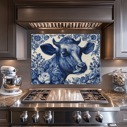 Delft Blue Cow Glass Backsplash Panel, Tempered Glass Wall Art, Dutch Farmhouse Kitchen Decor, Cow Pattern Tile, Rustic Animal Wall Panel