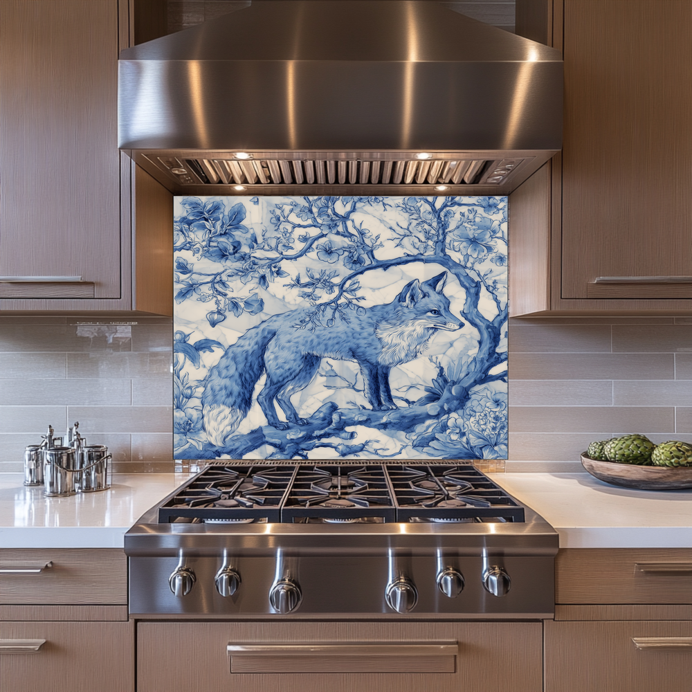 Delft Blue Fox Kitchen Glass Backsplash • Stove Behind Cover • Nature Inspired Kitchen Splashback Panel • Blue-White Home Decor