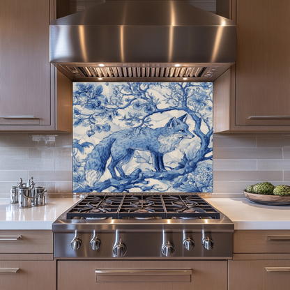 Delft Blue Fox Kitchen Glass Backsplash • Stove Behind Cover • Nature Inspired Kitchen Splashback Panel • Blue-White Home Decor