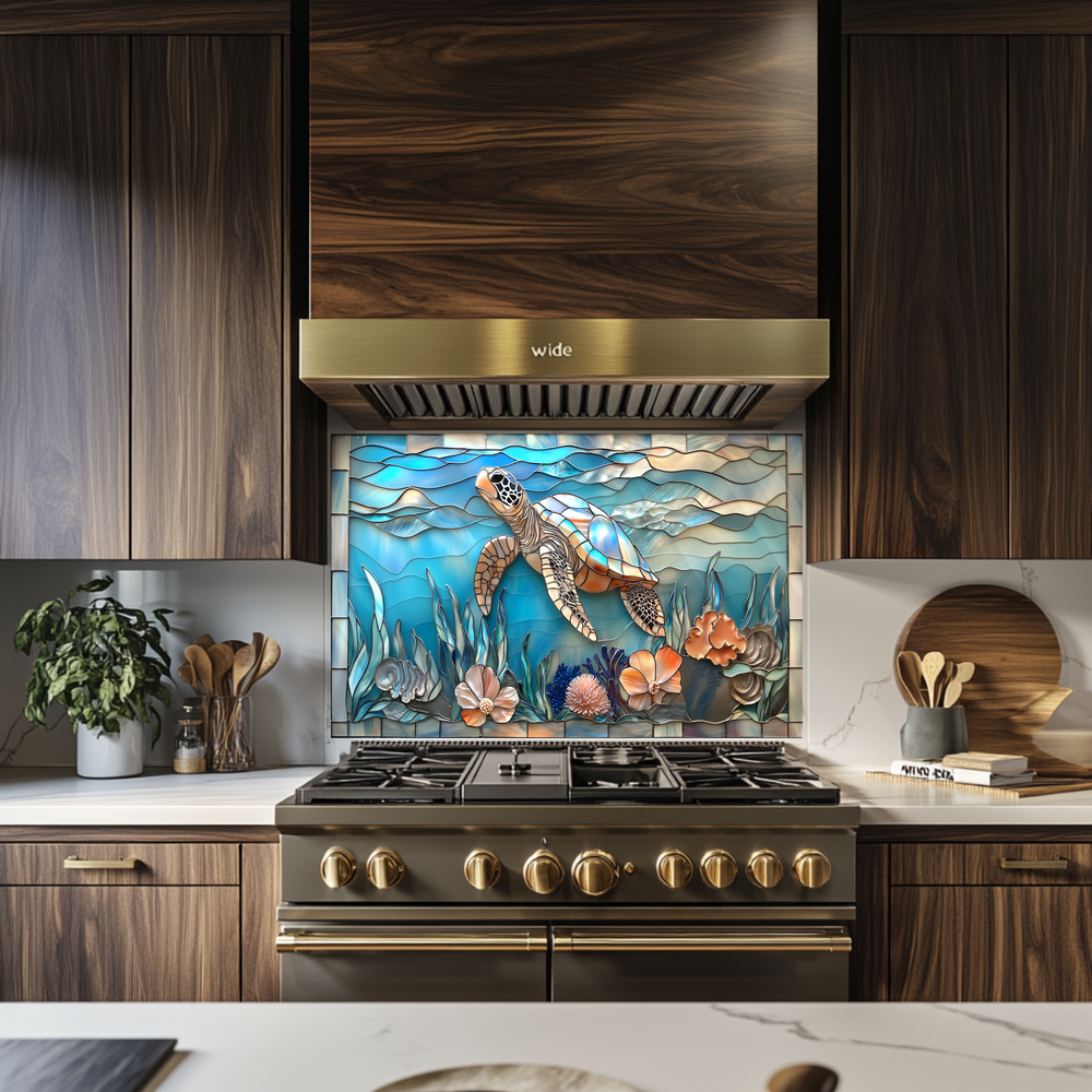 Sea Turtle Print One Piece Tempered Glass Kitchen Splashback For Stove Behind, Kitchen Backsplash, Wall Art, Kitchen Backsplash, Wall Art