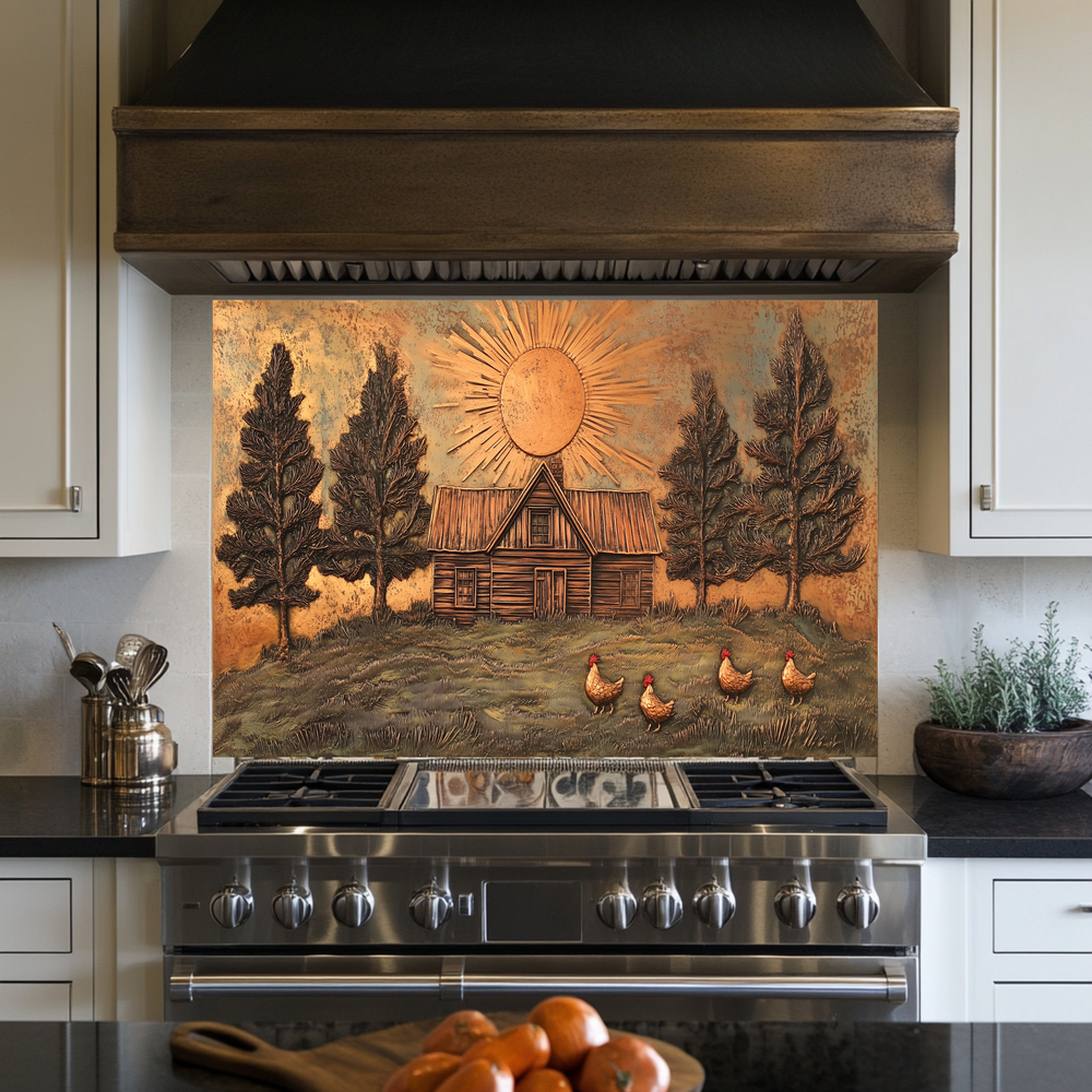 Copper Look Nature and Roosters Landscape Glass Backsplash • Rustic Wall Art Panel • Peaceful Home Decor • Decorative Tile for Stove Behind
