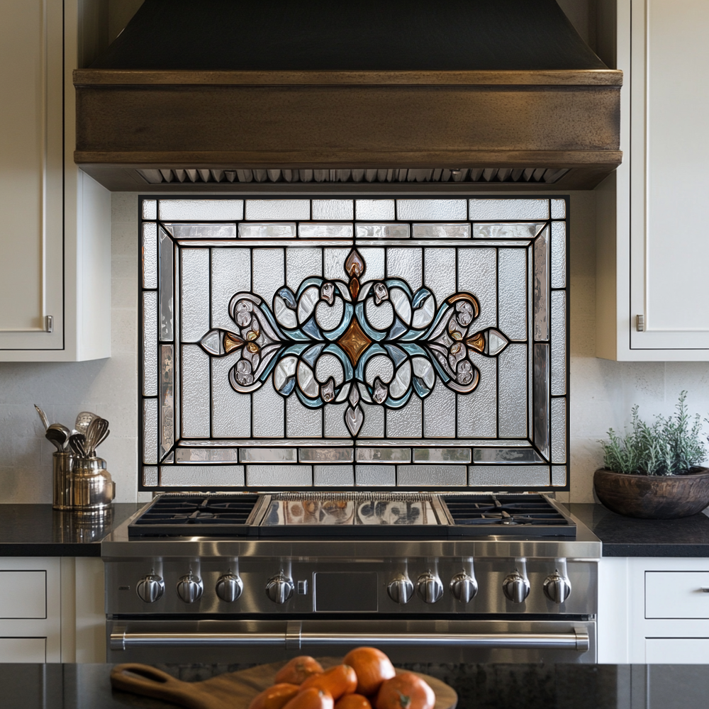 Classic Stained Look Glass Style Backsplash Panel, Tempered Glass Wall Art, Timeless Color Design, Elegant Kitchen Decor, Stove Protector