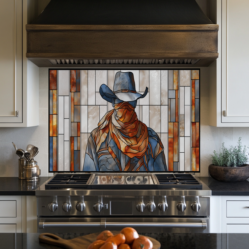 Stained Glass Style Western Cowboy Glass Backsplash Panel, UV Printed Tempered Kitchen Wall Art, Rustic Western Home Decor