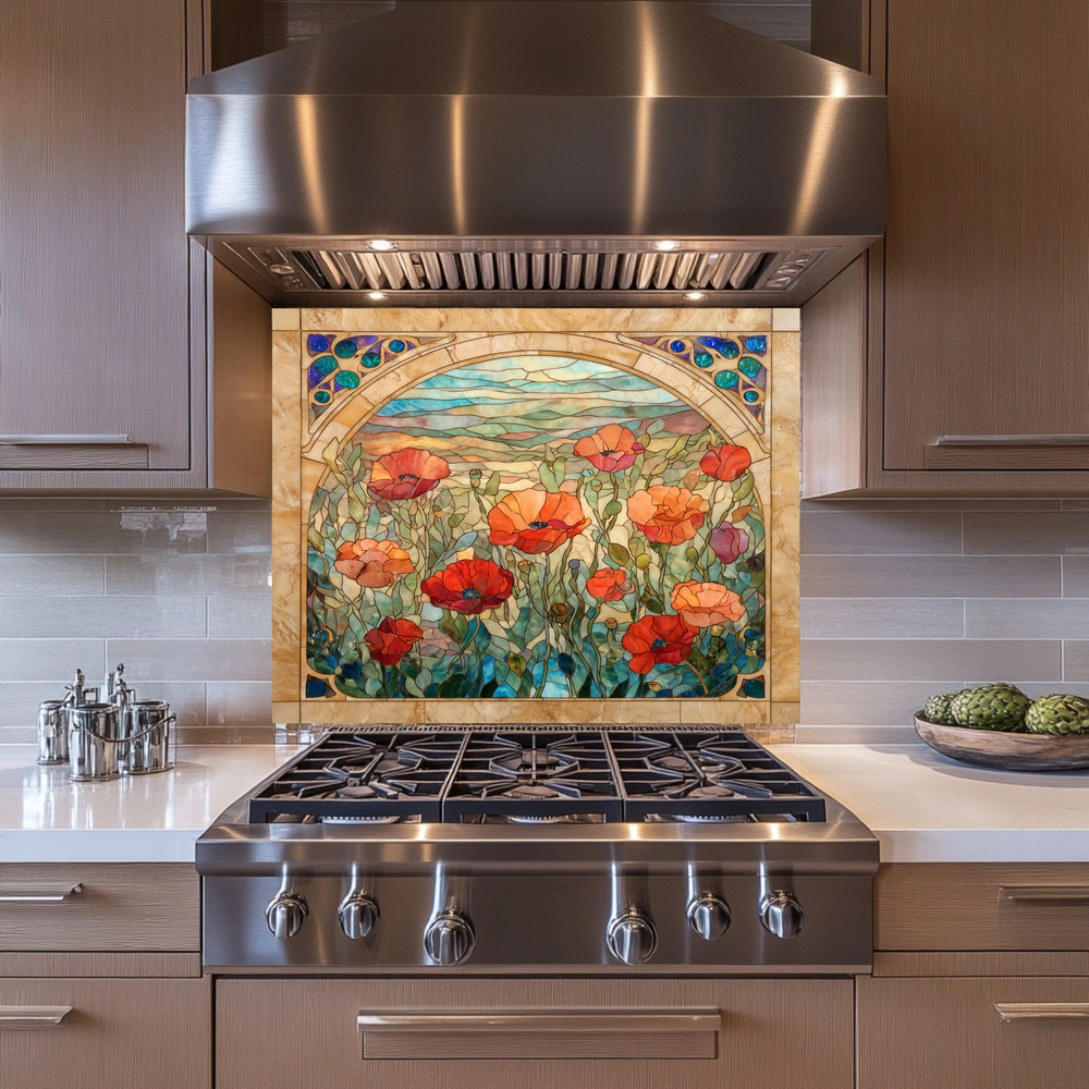Colorful Poppy Flowers Glass Backsplash • Artistic Floral Kitchen Panel • Bold Botanical Wall Accent • Vibrant Modern Home Decor