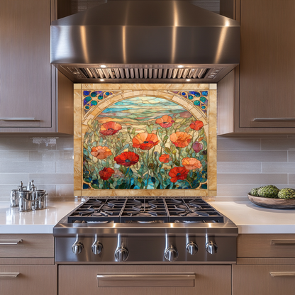 Colorful Poppy Flowers Glass Backsplash • Artistic Floral Kitchen Panel • Bold Botanical Wall Accent • Vibrant Modern Home Decor
