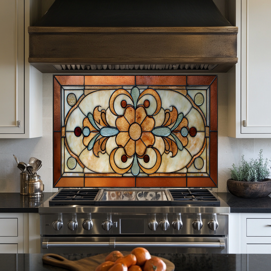 Floral Stained Look Glass Style Backsplash Panel, Tempered Glass Wall Art, Timeless Color Design, Elegant Kitchen Decor, Stove Protector