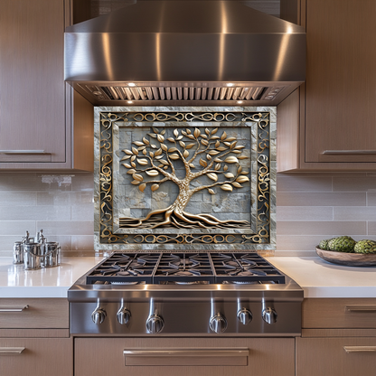 Carved Look Tree of Life Print One Piece Tempered Glass Kitchen Splashback For Stove Behind, Kitchen Backsplash, Wall Art
