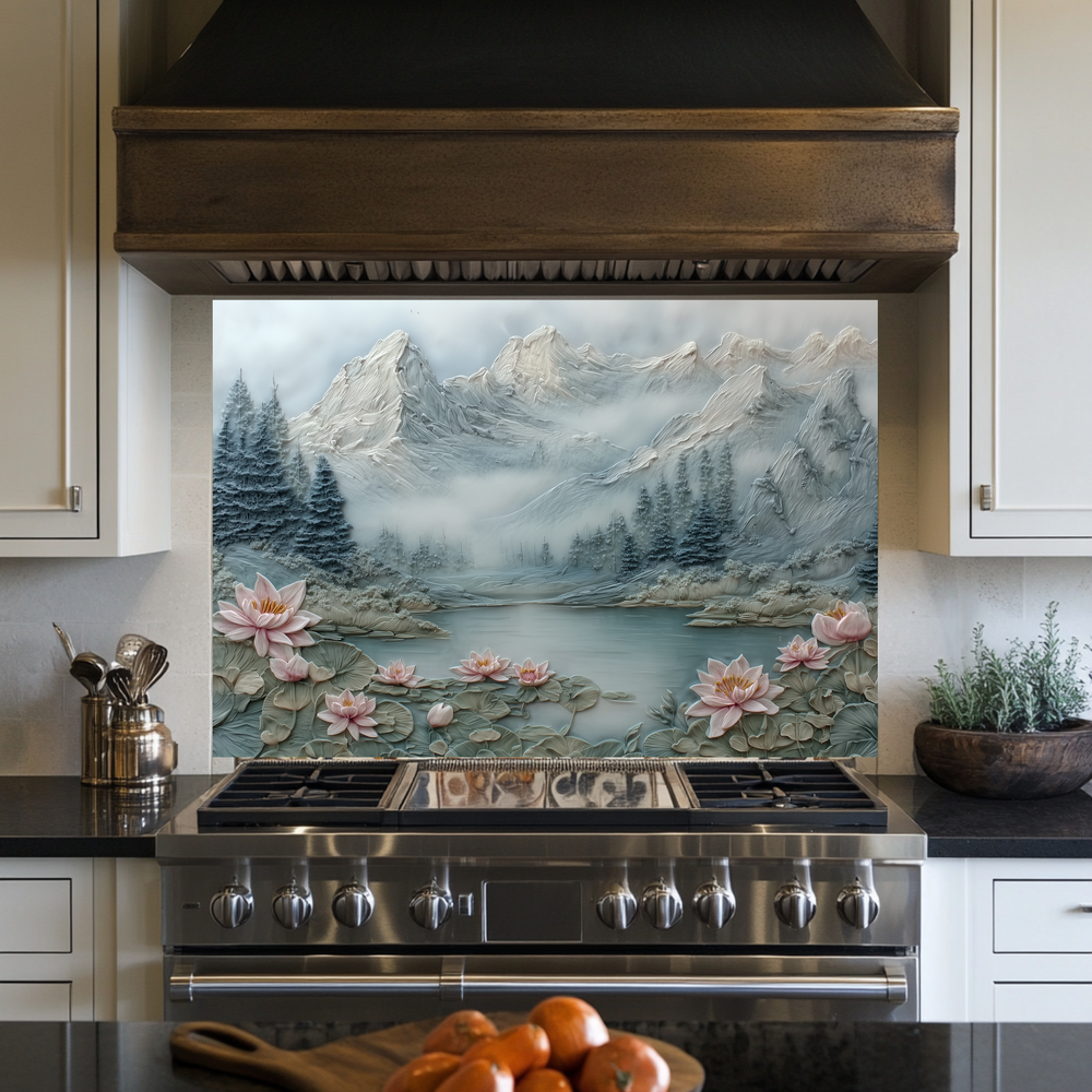 Made in USA, Floral Landscape Tempered Glass Backsplash Behind Stove & Wall Art – Rustic Pine Tree Splashback