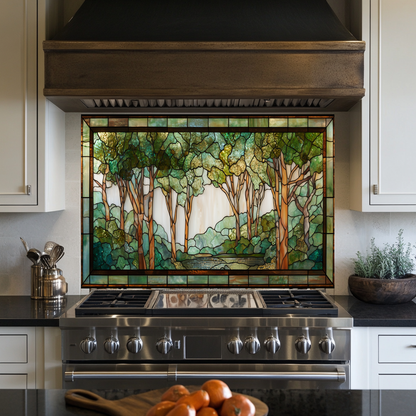 Stained Glass Look Forest Backsplash, Woodland Tree Scene Printed on Tempered Glass, Nature Inspired Kitchen Wall Art Panel