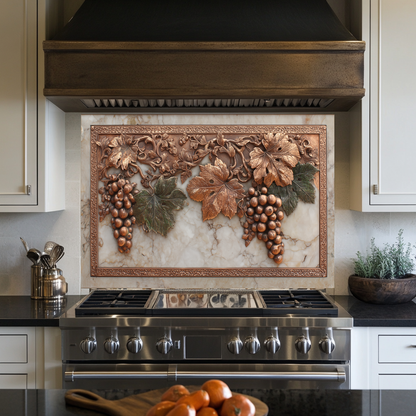 Copper Grape and Vine on Marble Design Printed Tempered Glass Kitchen Backsplash Splashback Decorative Wall Panel for Modern Home Decor