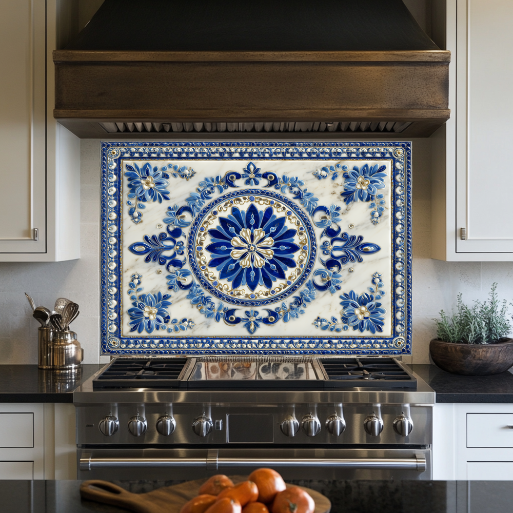 Turkish Tile Pattern Glass Backsplash Panel, Tempered Glass Wall Art, Traditional Anatolian Design, Elegant Kitchen Decor, Stove Protector