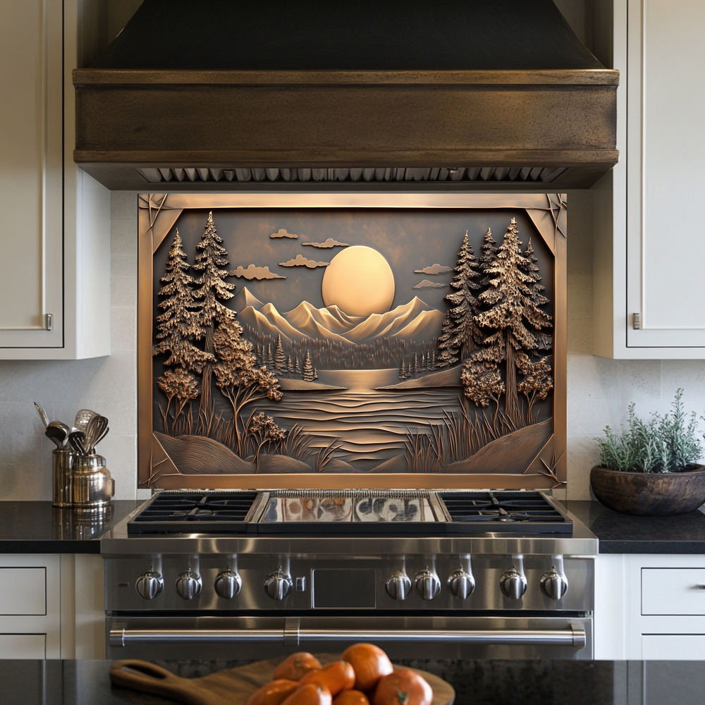 Copper Look Landscape Printed Tempered Glass Kitchen Splashback Backsplash Decorative Wall Art Panel for Modern Interiors