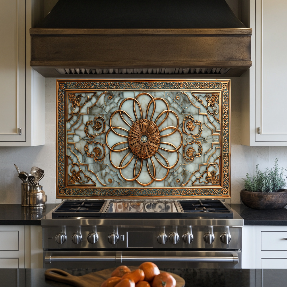 Copper Look Ottoman Tile Pattern Printed Tempered Glass Kitchen Backsplash Decorative Wall Panel for Stove Behind and Interior Decor