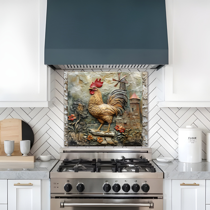 Cockerel Themed One Piece Tempered Glass Kitchen Splashback For Stove Behind, Kitchen Backsplash, Kitchen Backsplash, Wall Art