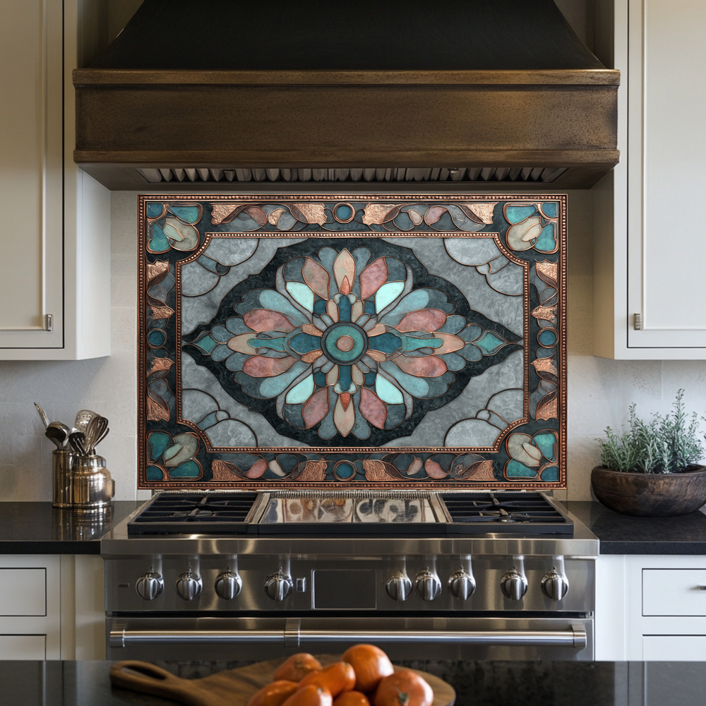 Ottoman Pattern on Marble Print Background Glass Backsplash for Kitchen Stove, Custom Wall Art, Heat-Resistant Kitchen Decor