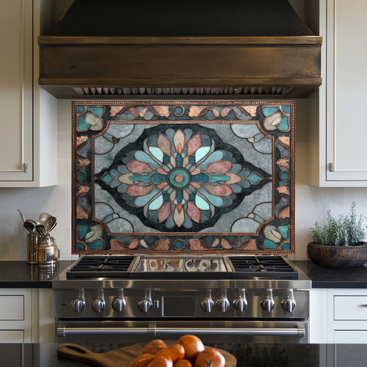 Ottoman Pattern on Marble Print Background Glass Backsplash for Kitchen Stove, Custom Wall Art, Heat-Resistant Kitchen Decor