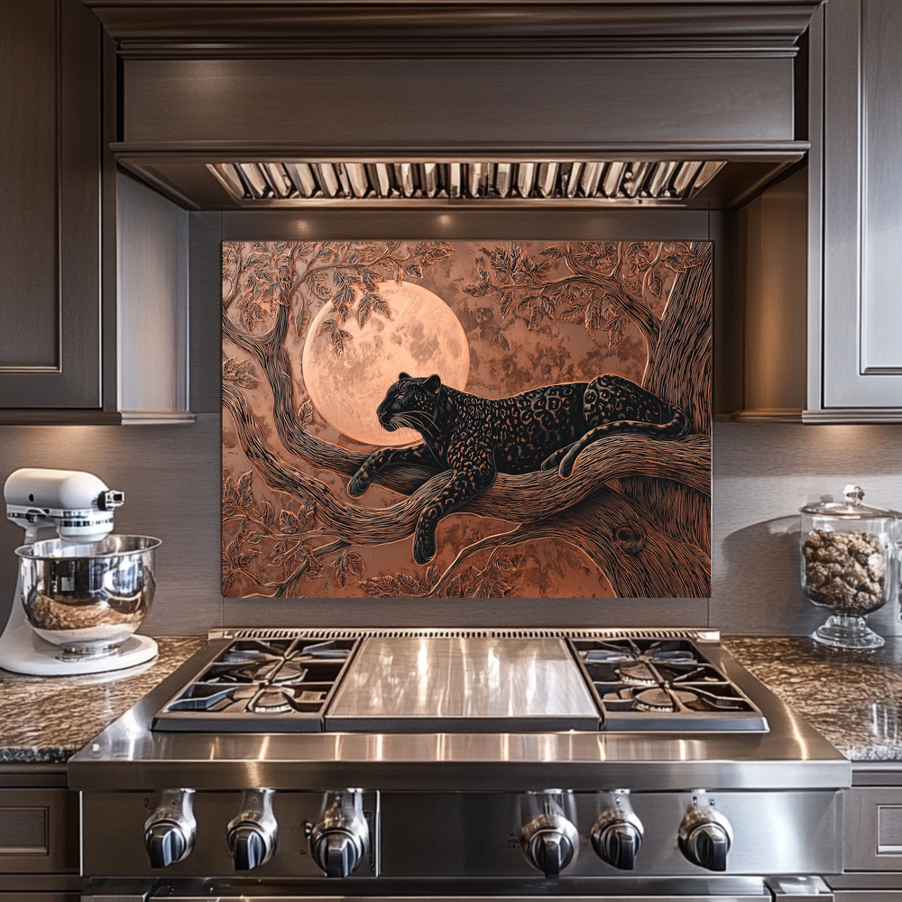 Copper Leopard Nature Glass Backsplash Panel, Tempered Glass Wall Art, Wild Jungle Rustic Kitchen Decor, Animal Print Stove Protector