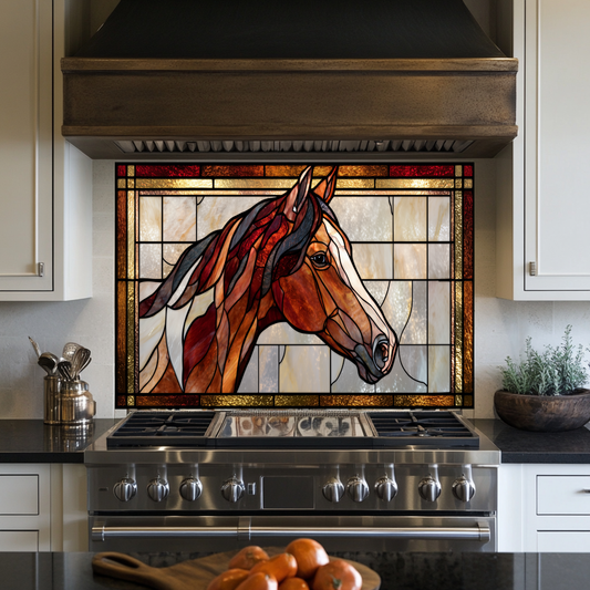 Stained Glass Style Horse Glass Backsplash Panel, UV Printed Tempered Kitchen Wall Art, Equestrian Theme Decorative Glass Tile